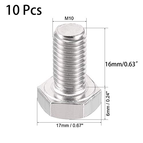 Image of 10 Pcs M10 Hex Bolt M10-1.5 x 16mm UNC Hex Head Screw Bolts A2-70(304) Stainless Steel Fully Threaded Hex Tap Bolts,Fully Threaded (M10 x 16mm)