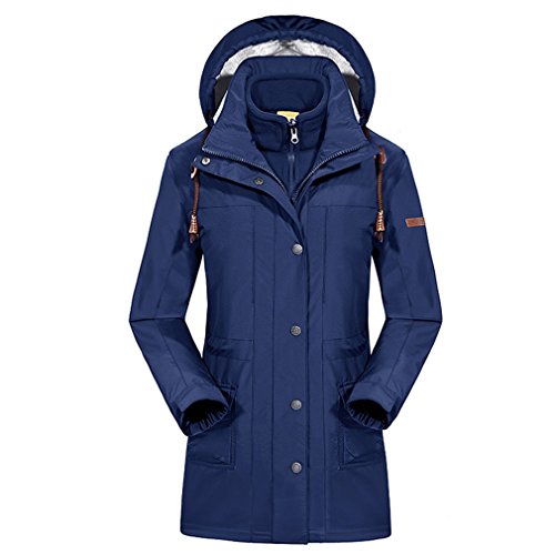 emansmoer Women's 3 in 1 Windproof Winter Hooded Long Coat Ladies Waterproof Outdoor Sport Camping Hiking Skiing Jacket (4X-Large, Blue)