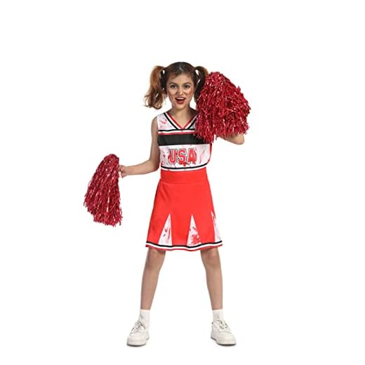 Carnavalife Disfraz Animadora Zombie Niña Halloween, Vestido de Cheerleader Niña con Pompón para Disfraces de Annabelle Animadora Zombi Niña (10-12 años)