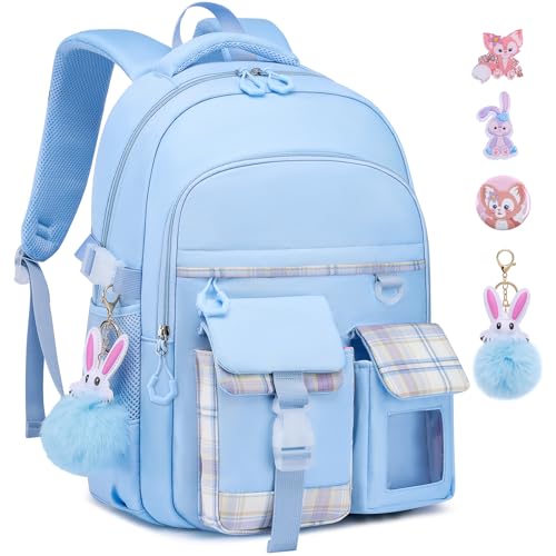 HANXIUCAO Schulrucksack Mädchen, Wasserabweisend und Atmungsaktiv Ranzen Mädchen für 1. bis 5. Klasse mit Laptopfach, Blau