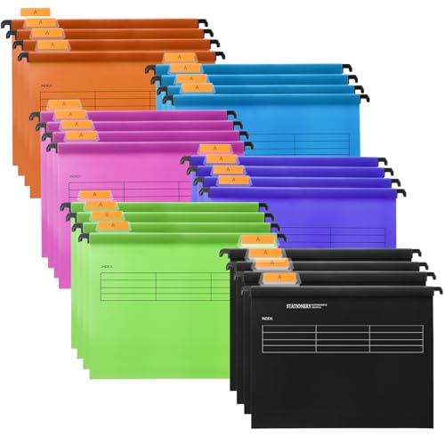 Hiziwimi 24 carpetas colgantes A4 [paquete de 24], archivador de material PP con pestañas e insertos, archivador colgante para oficina, escuela, escritorio, carpeta de archivos de clasificación de