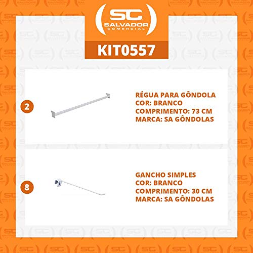 Kit - 2 Réguas para Gôndola Ponta 73cm + 8 ganchos simples Branco - Sa Gondolas