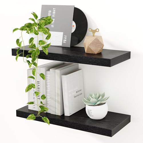 Floating Shelves for Wall, 16 inch Black Shelves 9.3in Deep Wooden Wall Shelf Set of 2, Extra Wide Storage Shelves for Kitchen, Bathroom, Living Room & Bedroom Organizer by Feihorrm - Used condition - CA$29.38