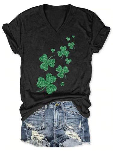 Butovek Womens Funny Glitter Lucky Irish Shamrock V Neck Shirt St Patricks Day Graphic Short Sleeve Top Casual Spring Tees(XL,Black02)