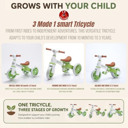 Image of 3-in-1 Toddler Tricycle | Slide, Pedal & Balance Bike for Kids | Leather Seat, Silent Wheels & Sturdy Frame | Ideal for 10 Months to 3 Years (Green)