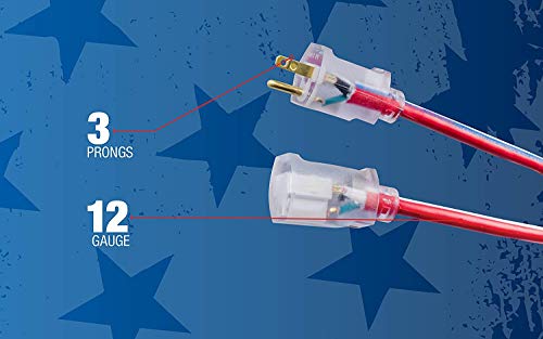 Southwire 2547SWUSA1 25-Feet; Contractor Grade; 12/3; Lighted End Red White and Blue; American Made Extension Cord; Indoor and Outdoor Use; Water Resistant Flexible Jacket; Foot; Ft