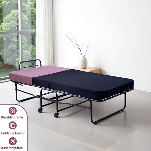 Image of Spacecrafts High-Density Recliner Folding Bed with Mattress | Portable Guest Bed, Space-Saving Lounge Cot | Compact Recliner Guest Bed | Metal Frame with Wheels (3 ft x 6.3 ft) (Pink & Black)