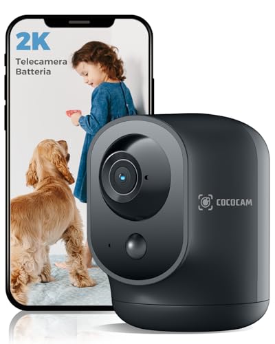 COCOCAM 2K Telecamera WIFI Interno Senza Fili con Batteria 5200mAh, 355°P 90°T Wireless per Baby Monitor per Animali Assistenza Agli Anziani, Riconoscimento AI, PIR Rilevamento Umano (1, nero)