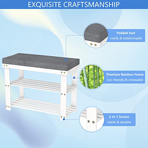 Domax White Shoe Rack Bench For Entryway - Bench With Shoe Storage Front Door Shoe Bench With Cushion Upholstered Padded Seat 3 Tier Bamboo Shoe Holder For Indoor Entrance Hallway Bedroom Living Room #TOP5