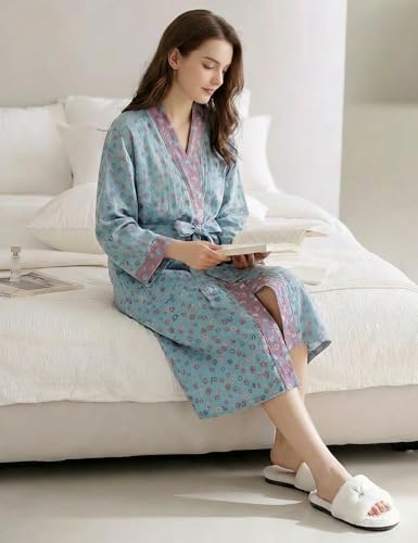 Arssm Women Cotton Gauze Robes Jacquard Japanese Yukata Muslin Kimono Robe Bathrobe Loungewear Sleepwear(Floral-M) - Thumbnail 5