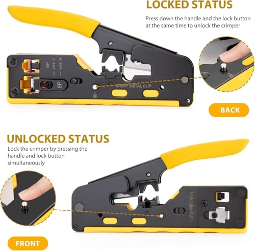 Image of COMTECH Cat7 RJ45 PassThrough Crimping Tool | All-in-One RJ11 /RJ12 Standard Ethernet Crimper with Wire Stripper Cutter Network LAN Cable Crimping Plier for Cat7, Cat6A, Cat6, Cat5e Connector