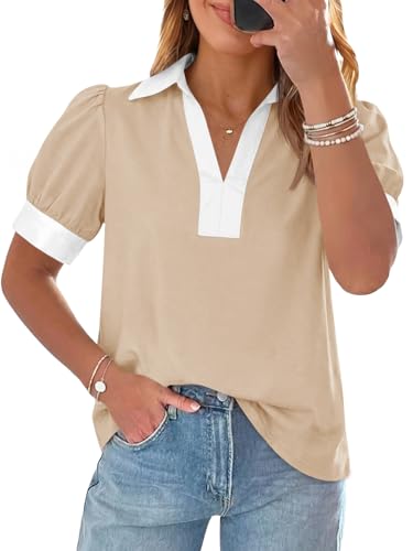 Tankaneo Womens Short Puff Sleeve Tops Summer Casual Color Block Blouses Lapel V Neck Loose Polo Shirts Khaki