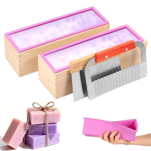 2 Pcs Loaf Soap Mold Set with Cutter 40.58oz Flexible Silicone Soap Mold with Wooden Box Stainless Steel Wavy Straight Scraper for Homemade Craft Making Supply
