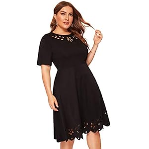 ROMWE Women's Plus Size Cut Out A Line Swing Stretchy Midi Dresses (2X-Plus, Black)