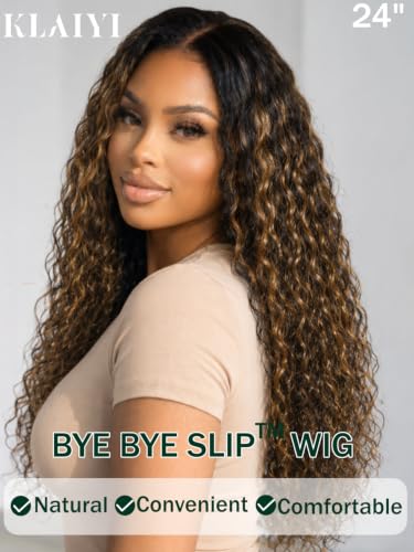 Image of KLAIYI Bye Bye Slip Ombre Highlight Balayage Brown Water Wave Glueless Precut 7x5Lace Front Wigs Human Hair Drawstring Pre Plucked Bleached Knots Dark Roots Curly 3S Ready to Wear and Go Wig 20Inch