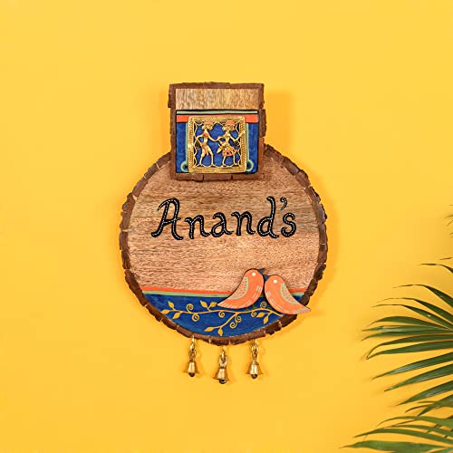 Image of Aakriti Art Creations Peacock Anand Handcrafted Dhokra Brass Art Solid Wood Nameplate for Home Entrance | Personalised Name Plate | Customised Wooden Name Sign | Decorative Door Name Plate