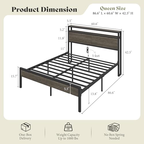 Image of AMERLIFE Queen Size Platform Bed Frame with Charging Station