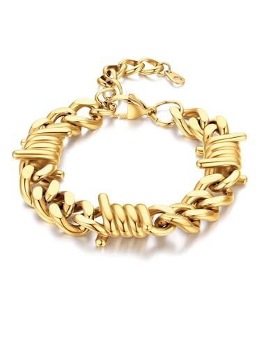 Bandmax Pulsera Alambre de Espino Hombre Oro 18kt Banado, Brazalete Espinas de Caballero, 12mm Ancho 18cm+5cm Largo Ajustable