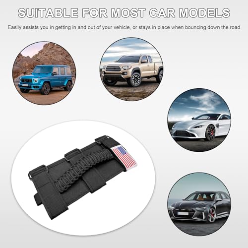FSTURIOS 2 PCS Roll Bar Grab Handles, Oxford Cloth Roll Bar Grip Handle with Strong Metal Buckle, US Flag Grip Straps for 1955-2023 Wrangler JL JK TJ YJ Gladiator JT UTV ATV (Black)