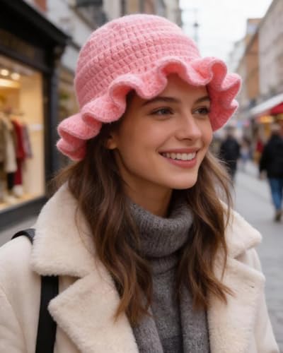 Image of Women Crochet Bucket Hat Cute Winter Ruffled Brim Floppy Cap Handmade Knit Cloche Hats