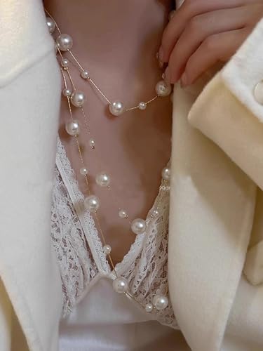 Long Pearl Necklaces Three-Strand Long Chains Pearl Beads Necklaces Earrings Set Dainty Multiple Strands Long Necklace With Pearl Earrings for Wedding Party4