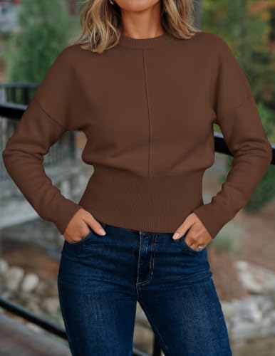 Image of ZESICA Women's Fall Sweaters Crewneck Cinched Waist Pullover Tops