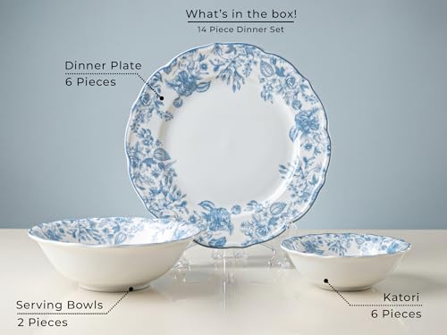 Image of Bodhi House Porcelain Dinner Set 14 Pieces - Blue Leaf White Dinnerware Set | 6 Dinner Plates, 6 Katori Bowls, 2 Serving Bowls | Premium Crockery Set for Dining, Kitchen & Gifting