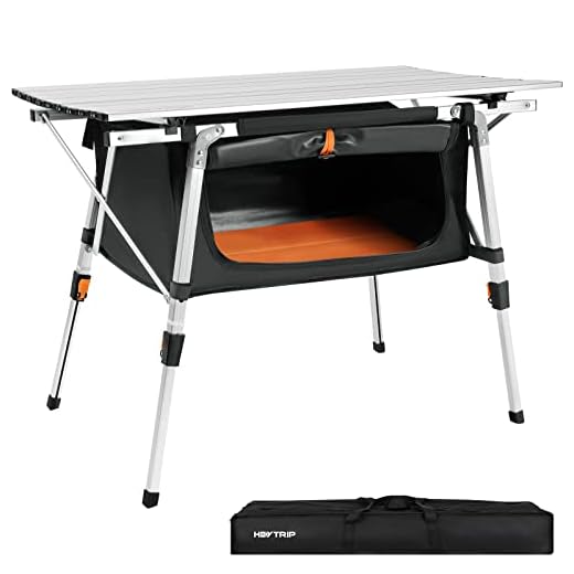 HEYTRIP Folding Camping Table with Storage Bag Roll-Up Aluminum Portable Beach Table Adjustable Height Picnic Table