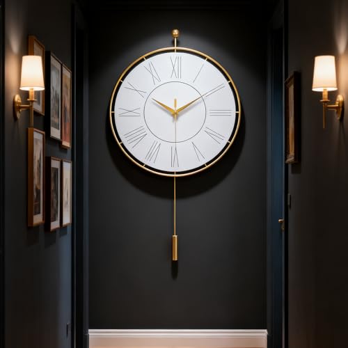 Gilacco Decorative Modern Wall Clock Silent Non-Ticking Quality Quartz Movement Battery Operated with Pendulum Wall Clocks for Living Room Kitchen Home Bathroom Bedroom Wall Decor 34x61CM(White)