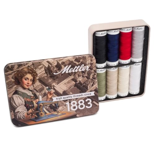 Amann Seralon Nova Kit 1883 Set met 8 spoelen 200m universeel garen SeralonNm 100 + vintage blik
