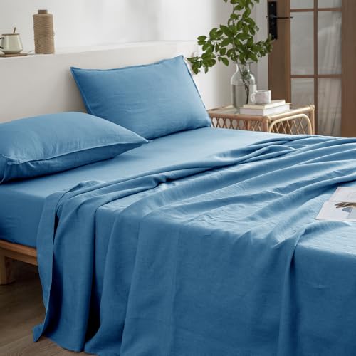 EVERLY Linen Twin Sheets Set, 100% Stonewashed French Linen Bed Sheets Deep Pocket Sheets, 3 Pieces (1 Flat Sheet, 1 Fitted Sheet, 1 Pillowcase) Natural Flax Bedding Set-Blue