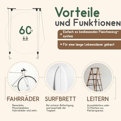 Recalma Fahrradlift Flaschenzug, Fahrrad Deckenhalterung, Tragkraft bis 60 kg, Fahrradhalterung Seilzug Für fahrräder und E-Bikes, Deckenlift Fahrradaufhängung Wand, Universalle Fahrrad Halterungen