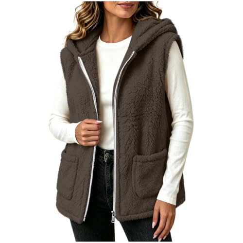 Womens Fuzzy Fleece Vest Hooded Full Zip Sleeveless Jacket with Pockets - image 5
