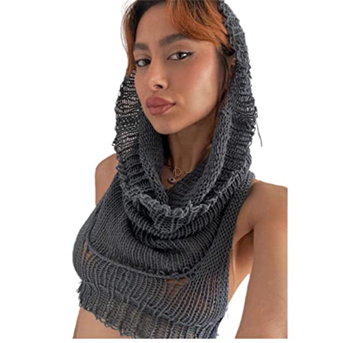 Image of Women's Knitted Hoodie Sweater Vest Sexy Sleeveless Hollow Out Hooded Crop Top Draped Sweatshirt Streetwear