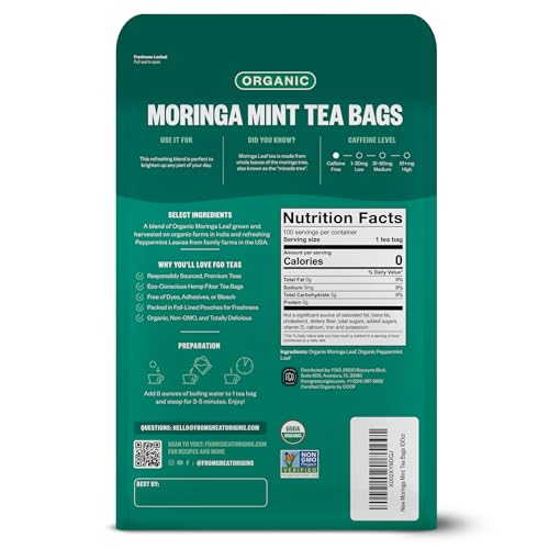 Image of FGO Organic Moringa Mint Tea, 100 Count, Eco-Conscious Herbal Tea Bags, Resealable Bag, Caffeine Free, Packaging May Vary (Pack of 1)