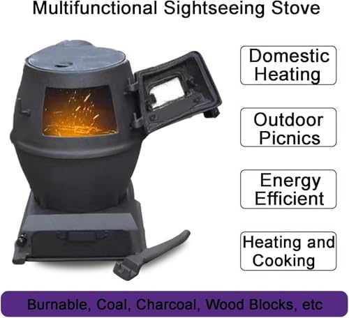 Poêle à bois portable en fonte – Chauffage multi-combustibles pour cuisine intérieure et extérieure, camping, barbecue et terrasse