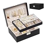 SYCARON Jewelry Organizer Box for Women and Girls, 2 Layer Jewelry Storage Case PU Leather Soft Lining with Lock for Rings Earrings Necklace Bracelets, Gift for Women, Black