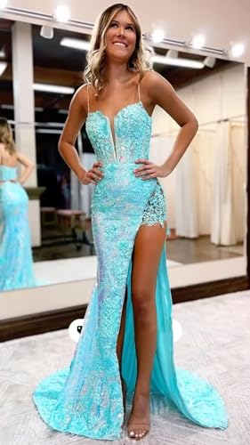 Lace Spaghetti Strap Prom Dresses with Train 2024 V Neck Mermaid Applique Formal Party Dresses Split DR04432
