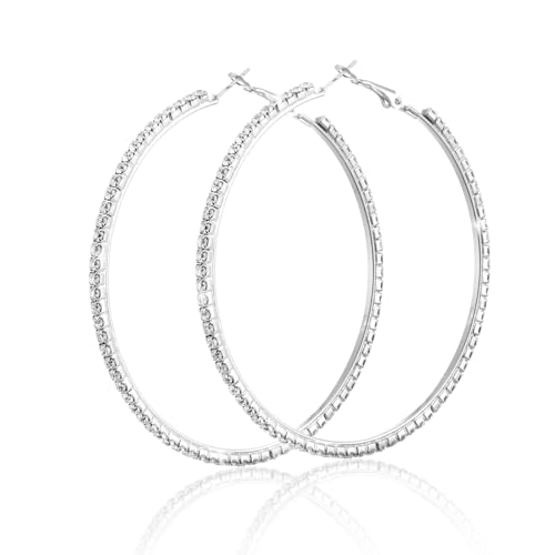 Rhinestone Hoop Earrings for Women 50 Mm Sparkly Rhinestone Hoops Stylish Silver Rhinestones Hoop Earring Large Hoops Dangle Earrings for Women Wedding Dancing Party Appointment Decor