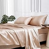 MR&HM Satin Bed Sheets, Queen Size Sheets Set, 4 Pcs Silky Bedding Set with 15 Inches Deep Pocket for Mattress (Queen, Champagne)