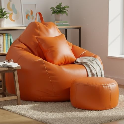 Image of KAM'S LIEU 5XL Bean Bag Combo with Footrest & Cushion | Filled with High Density EPS Beans | Comfortable Sofa for Living Room & Bedroom | 6 Months Warranty, Color- (Orange, 5XL, Classic)
