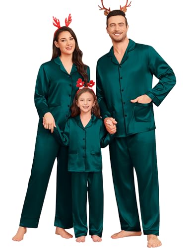 SWOMOG Matching Family Pajamas Set Women & Men & Kids Silk Satin Pjs 2 Pcs Long Sleeve Button Down Sleepwear with 2 Pockets