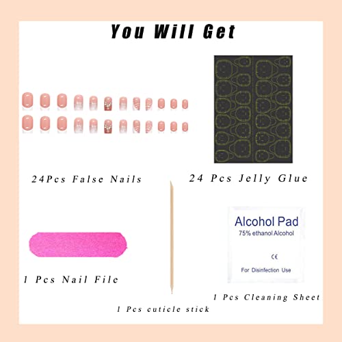 24Pcs Square Press On Nails French Tips Fake Nails Rhinestone Glitter Flakes Design False Nails Medium Glossy Nude Pink False Nails Artificial Acrylic Fake Nails For Women Girls Manicure Decoration #TOP4