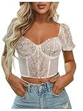 Milumia Women's Floral Lace Puff Sleeve Sweetheart Neck Bustier Corset Crop Top White Large