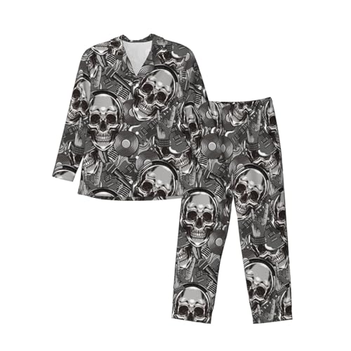 Retro Electric Guitar Skulls Rock Music Mens Pajamas Set Button Down Sleepwear Set Long Sleeve Loungewear With Pockets3