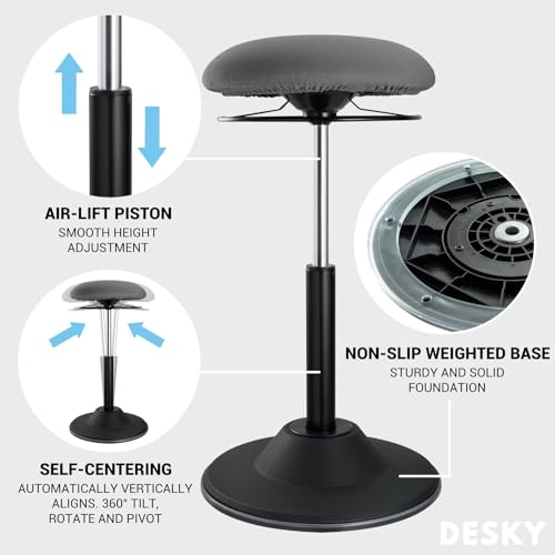 Image of Desky Sit Stand Office Stool - Ergonomic Bar Stool with Adjustable Height, Weighted Base & Tilting Saddle Seat, Ideal for Standing Desks & Active Workspaces - Black