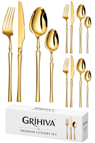 Image of 12 Pcs Gold Slim Handle Stainless Steel Cutlery Set for Dining Table with Spoons and Forks Set + Butterknives - The Perfect Tableware /Flatware