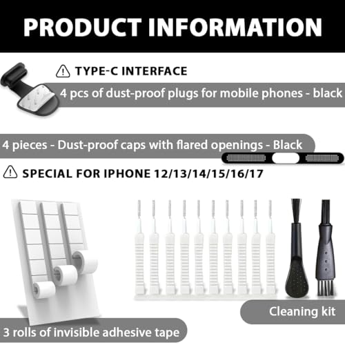 4 Piezas Protectores Anti-Polvo USB-C, con Tapón para Puerto de Carga, Protector para Altavoz & Masilla Limpiadora, Compatible con Serie iPhone 17/16/15, Accesorios de Protección (Negro) - imagen 2