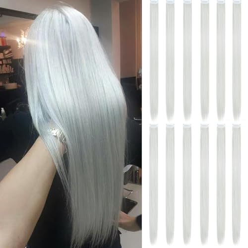 12 Pcs Colored Clip In Hair Extensions Sliver Gray hair 20 Inches Straight Hair Clip In Synthetic Hair Extensions For Women Girls Kids Gift Synthetic Hairpieces Can Be Hot Water Curl (12,Silver Gray)