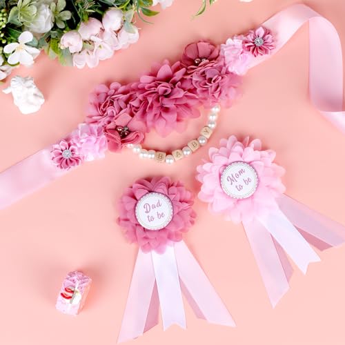 Image of Dusty Pink Baby Shower Sash and Pins Set - Dusty Pink Flower Baby Shower Belly Belt and Mom to Be & Dad to Be Corsage Pins, New Parents Pregnancy Photo Props Party Supplies